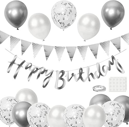BEKOIUP Luftballons Geburtstag Dekoration Set, Weiß Silber Geburtstagsdeko Happy Birthday deko Banner Party Deko Geburtstag Set mit Silber Luftballons Konfetti Ballons Dreiecksflaggen Girlanden