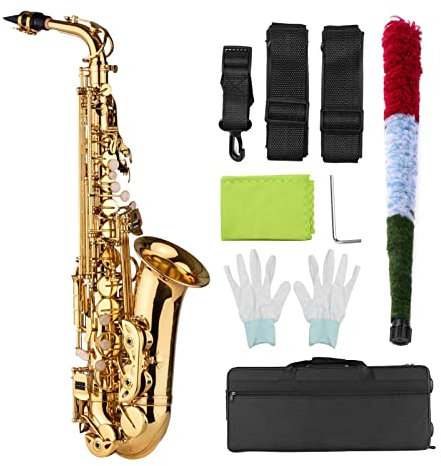 KESHUO EB Alto Saxofón Latón Lacado Alto Sax Instrumento De Viento con Estuche De Transporte Guantes Straps Limpieza Limpieza Cepillo Kit Principiantes Saxo latón