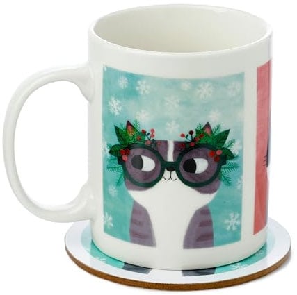 Puckator Angie Rozelaar Planet Cat Xmas Porcelain Tea Coffee Mug & Coaster Set - Funny Home Accessories - Cute Gifts for Girlfriend Large Mugs for Men Women Hot Drinks Cups Presents Secret Santa Gift