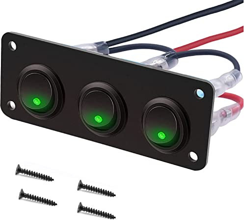 RUNCCI-YUN 12V pannello interruttore,Pulsante Interruttore Rotondo,12-24V 3 Gruppi Pannello interruttori a levetta LED,Pannello Interruttori a Bilanciere per Auto, Barca, Camion (Verde)