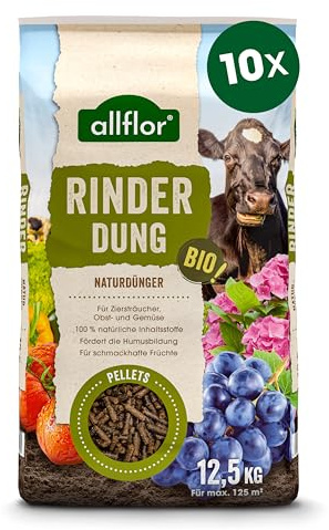 Allflor Rinderdung gekörnt - 10 x 12,5 Kg - Rinderdungpellets im Beutel - Wirtschaftsdünger von Rindern - Biologischer Gartendünger - Rindermist - Fördert die Humusbildung