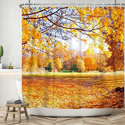 Bovlleetd 180x180cm Foresta Tenda da Doccia per il Bagno, Impermeabile Giallo Foglia D'acero Tenda da Doccia Asciugatura Rapida Tenda da Bagno con Gancio