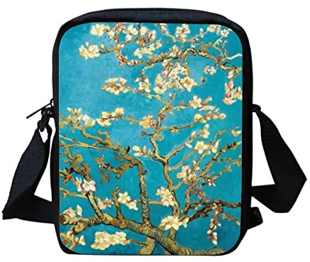 Kuiaobaty Damen Messenger Organizer Arbeitstasche mit Blumenmalerei, Van Gogh Art Crossbody Tasche zum Tragen von Handy-Umhängetasche, Mandelblüte, türkis