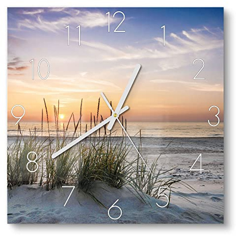 DEQORI Glasuhr | 30x30 cm | Motiv Sonnenuntergang am Strand | ausgefallene leise Design Uhr aus Glas | Wanduhr für Wohnzimmer & Küche | moderne Hingucker Uhr für die Wand