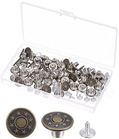 sourcing map 50 Set Schaltfläche Pins Jeans 15mm Nahtlos Sofort Bronzeton | Abnehmbar Einstellbar Ersatz Metall Geprägt Muster Denim Jeans Knöpfe Stifte Spanner Hosen Taschen Hüte