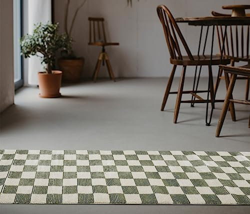 Revival Rugs Gambit Teppich, kariert, maschinenwaschbar, für Flur, Eingangsbereich, 100 % recycelt, Oeko-Tex-zertifiziert, mittelhoher Flor, Grün, Beige