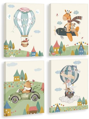 KAIRNE 4er Set Poster Kinderzimmer, Tiere Wandbild Mit Rahmen (20×25CM), Flugzeug Heißluftballon Bilder, Wandbilder für Babyzimmer Deko Junge Mädchen Dschungel Safari