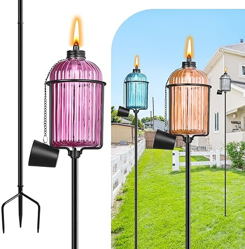 FAN-Torches Gartenfackel aus Glas, 383 ml, bunte Outdoor-Fackel, Gartendekoration, 154 cm, verbesserte Citronella-Fackeln mit 3 Zinken, Erdspieß, Metall-Lichtfackeln für Party, Terrasse, Weg, 4 Stück