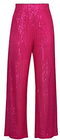 Achlibe Pantalon Palazzo à paillettes pour femme - Taille haute - Style décontracté - Élastique, rose rouge, M