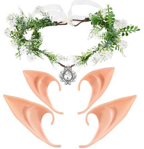 BOFUNX Waldfee Stirnband mit 2 Paar Elfenohren Elfe Waldfee Kopfschmuck Feenblätter Krone Stirnband Feen Kreis Tiara Haarschmuck für Hochzeit Karneval Halloween Cosplay