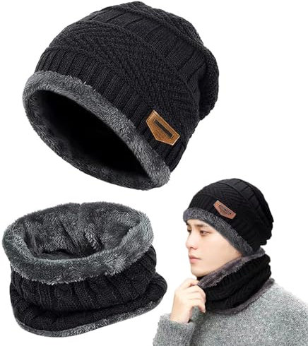 Gxlaihly Winter Beanie Mütze,Mutzen fur herren winter,Schal und mütze damen set winter,Unisex Strickmütze mit Fleecefutter Mütze Schal(Universell für Männer und Frauen) (Schwarz)