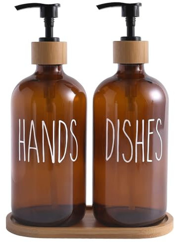 2 Pack Glass Soap Dispenser,16 oz Kitchen Hand and Dish Soap Dispenser Set,Glass Soaps Dispenser Bottle with Pump,for Kitchen, Bathroom, Hotel, and Laundry Room