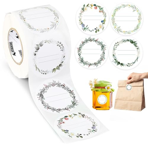 AiQInu Etichette Adesive per Marmellate, 500Pezzi 5CM Etichette Adesive Rotonde 4 Diversi Modello Adesivi Scrivibile per barattoli vetro, Prodotti da Forno, Confezione Regalo, Decorare Regalo