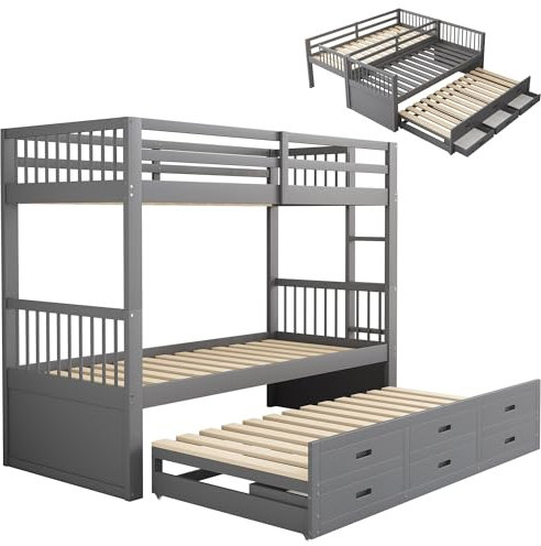 kubeier Hochbett 90x200 cm Etagenbett mit Ausziehbett und 3 Schubladen, Lattenrost, Rausfallschutz, umbaubar in DREI Einzelbetten, Platzsparendes Stockbett mit Leiter für Familie, Grau