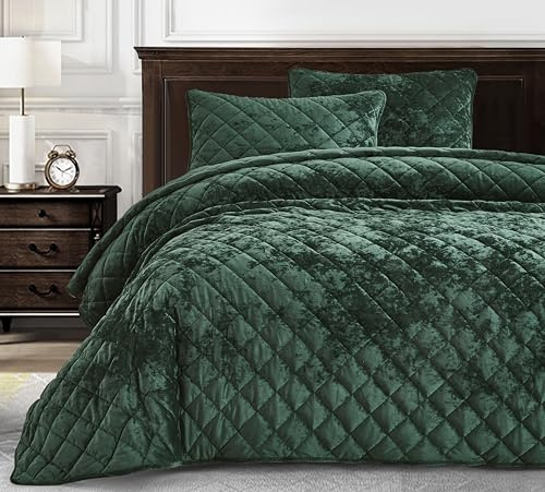 Chezmoi Collection Lux Steppdeckenset, plüschige strukturierte Samtbettwäsche, leichte Ganzjahresdecke mit Rautensteppung und gebürsteter Mikrofaser-Rückseite, Waldgrün, Übergröße King, 3-teilig