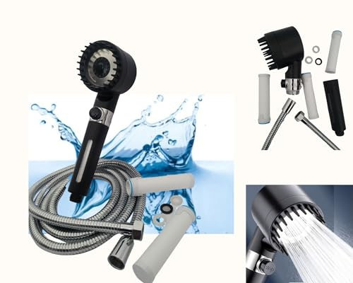 Pommeau de douche Ponandako - Pommeau de douche haute pression 4 modes jet d'eau, économie d'eau avec bouton Stop, Filtre de douche Anti calcaire, Douchette design avec Tuyau de douche 2m