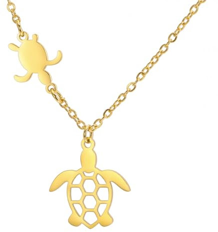 TEAMER collier tortue de mer en acier inoxydable, pendentif tortue porte-bonheur, mignon Boho été plage, Animal de mer, bijoux pour femmes (Collier tortue et petite tortue - or)