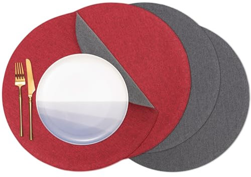Banchif Tischsets, Durchmesser 38cm Leinenimitat Platzsets Abwaschbar rutschfeste Tischsets Platzsets Doppelseitigen Platzdecken (Rot-Grau, Rund Satz von 4)