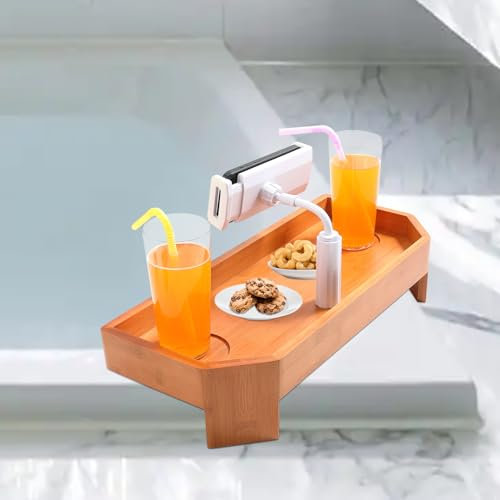 ECO POOLTECH Bambus Whirlpool Tablett Tisch, Rutschfester Beistelltisch für Getränke mit Becherhalter und Handyhalter, Spa Tablett für Whirlpool, Badewanne, Whirlpool Zubehör