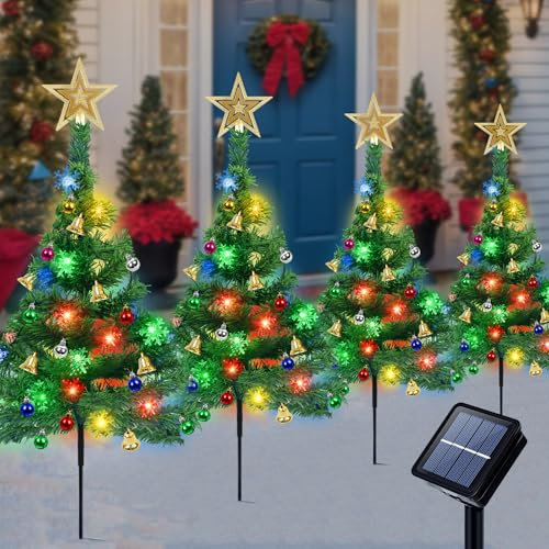 Qoosea 4 Árboles de Navidad Luces Solares Árbol de Navidad al Aire Libre Luces Solar 8 Modos 80LED Copos de Nieve Luces de Colores Solares de Navidad Exteriores Decoración Navideña de Jardín Exteriore