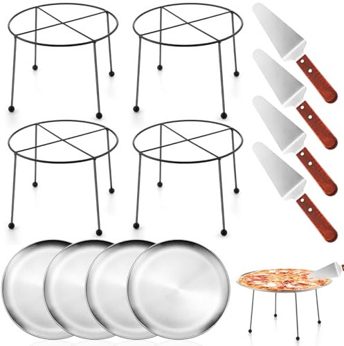Yiyiring 12 Pcs Pizza Pan Riser Stands Sets Includes 4 Metal Pizza Table Stands 4 Pizza Pan and 4 Wood Handle Pie Server, Pizza Rack Stand Pizza Tray for Pizza Dessert Cheese(Silver,Round with Legs)
