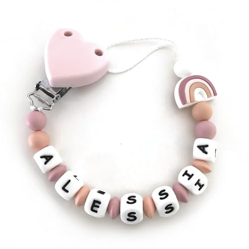 Catenella Portaciuccio con Nome, Catenina Porta Ciuccio Personalizzata Compatibile con ogni Succhietto (arcobaleno rosa)