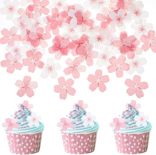 AOZUO Lot de 60 décorations de cupcakes en forme de fleurs comestibles, fleurs de cerisier en papier comestible, décoration de cupcakes pour anniversaires, Noël, vacances, fêtes, gâteaux de mariage