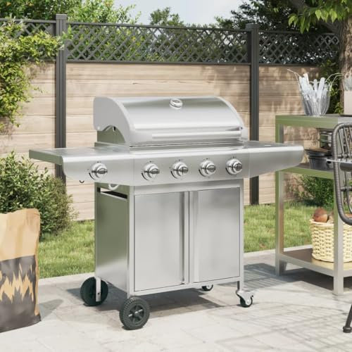 Homgoday Barbecue a Gas con 5 Bruciatori Argento Acciaio Inossidabile, Barbecue Grill da Esterno, BBQ a Carbone Smoker Affumicatore per Carne, Pesce, Formaggio Cucina Esterna A