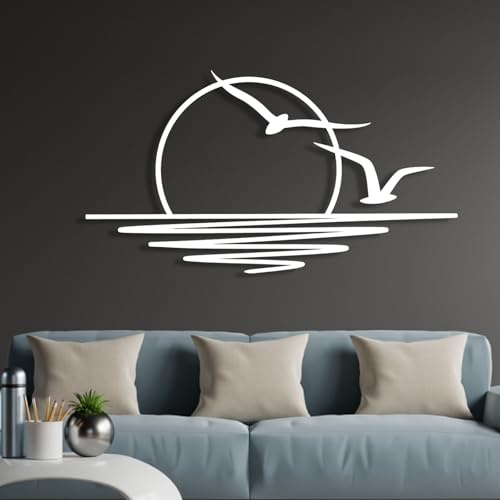 champracer Sonnenaufgang Wandkunst,Meer Sonne und Möwe Metall Wanddekoration,Wandbehang, Gartendekoration, Heimdekoration, Vogelkunst, Bettdekoration, Sonnenuntergang Dekoration (76x43 cm,weiß)