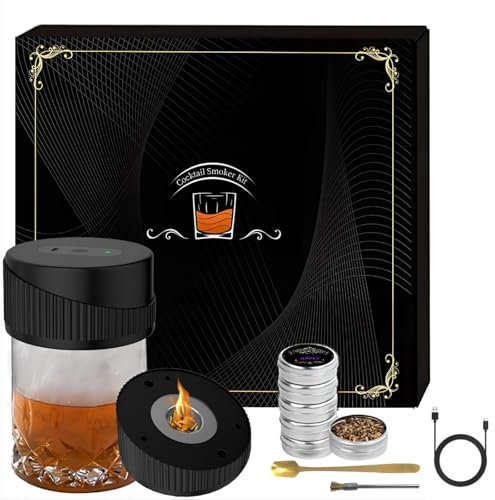 Ikowo Elektrisches Whiskey-Räucher-Set, wiederaufladbares Cocktail-Räucher-Kit mit 6 Geschmacksrichtungen, Holzchips, Getränke-Räucherte-Set, Cocktail, Weihnachtsgeburtstagsgeschenke für Männer, Vater