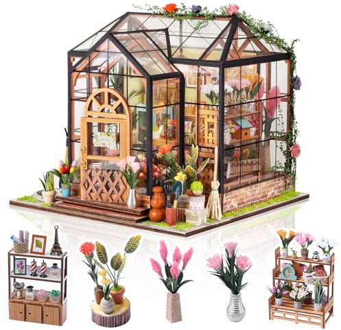 DIY Miniature House Kits for Adults Greenhouse Dolls House Craft Kits with LED light Handmade Flower House Assembled Model Toy Ornament Mini Diorama Room with Furniture