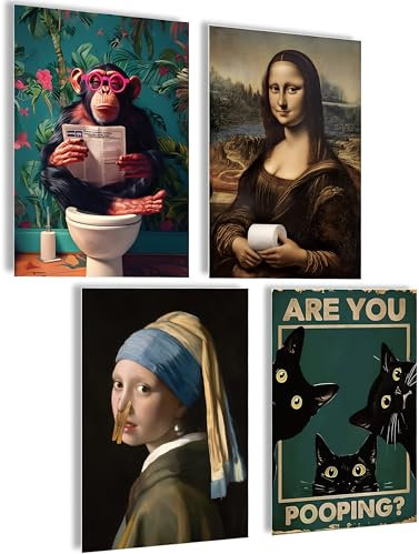 mojoliving Bilder Badezimmer Bilder Gäste WC Schild Badezimmer Poster Toilette WC Deko Bad Poster WC Deko Gästetoilette Bild (Funny Mona, Posterset 4x A4 (21x30cm) | ohne Rahmen)