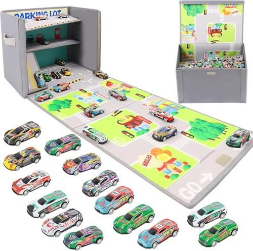 iFunLong Toy Car Storage Box - 3-in-1 Toy Car Storage Box Includes 20 Cars - Garage Toys and Parking Lot with Game Mat - kids Foldable Portable Toys Library