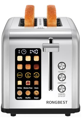 2 Slice Touch Screen Toaster, Stainless Steel Toaster with Wide Bagels and Bread Slots, Reheat/Defrost/Cancel Functions, Removable Tray for