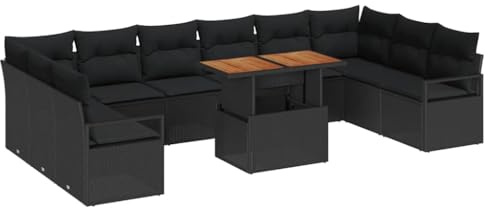 vidaXL 11-teiliges Garten-Sofaset mit Kissen in Schwarz aus Poly-Rattan – Stylische Möbel für Balkon, Terrasse und Lounge