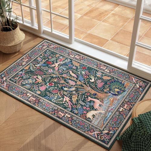 Rugcomf Indoor Door Mat 2x3 Rug Vibrant Tree of Life-Patterned Vintage Machine Washable Small Area Rug Non-Slip Low Pile Throw Rugs for Entryway Kitchen Front Door Entrance Entry Kids Room, Green
