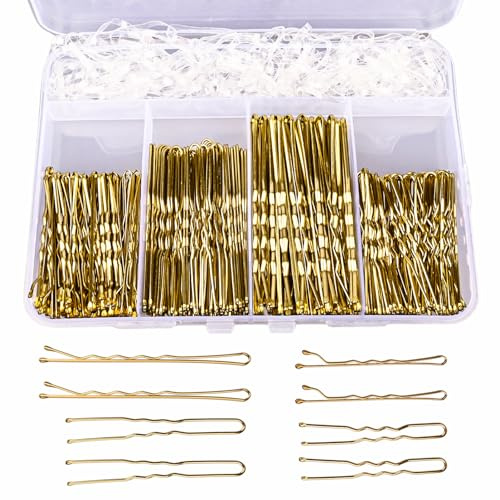 Namow 300 Stück Haarklemme Set,Metal Haarnadeln Damen Haar Accessories 100 U-förmige in 5cm 6cm,100 Hair Pins in 5cm 7cm,100 kleine Gummmibänder in einer Aufbewahrungsbox (Gold)
