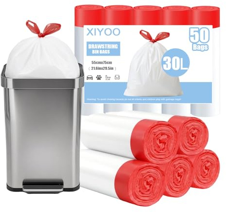 XIYOO White Bin Liners 30L Bin Bags Drawstring 50 Counts Pedal Waste Bags for Kitchen Plastic Trash Bags with Tie Handle Thicken Strong