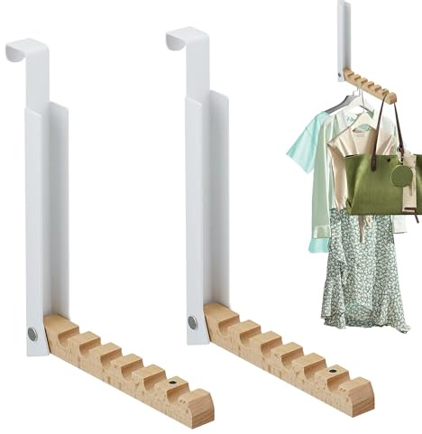 2 Stück Türgarderobe Klappbar zum Einhängen, mit 6 Kleiderbügel, Weiß | Metall & Holz Türhaken, Kein Stanzen Erforderlich, Kleiderhaken Tür für Schlafzimmer, für Kleidung Hüte