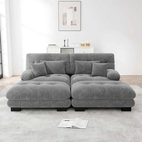 Rvjiahe Cloud Ecksofa für Wohnzimmer, Chenille Doppelsofa mit 2 Lendenkissen und 2 Dekokissen, Polstersofa mit Breiten Armlehnen und 2 Ottomans (Grau+2Sitz)