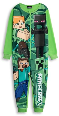 Minecraft Creeper Boys Green Zip-Up Onesie | Long Sleeve Microfleece Sleepwear with Steve & Enderman Print | Kids Gamer Nightwear | Ideal for Bedtime & Lounging Merch