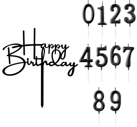 Gleevio Schwarz Happy Birthday Tortendeko mit Geburtstagskerzen Zahlen 0-9 | Cake Topper Happy Birthday Deko Torte, Tortendeko Geburtstag, Acryl Kuchen Deko Geburtstag 6,7,9,16,18,20,30,40,50,60