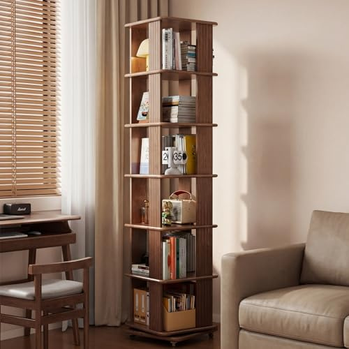 DONGMUWUJEE Solid Wood Rotating Bookshelf, 6-Tier Rolling Bookcase，360 Degree Revolving Bookshelf，Spinning Bookshelf Tower for Small Spaces, Bedroom，Office，Living Room，Classroom (Walnut)