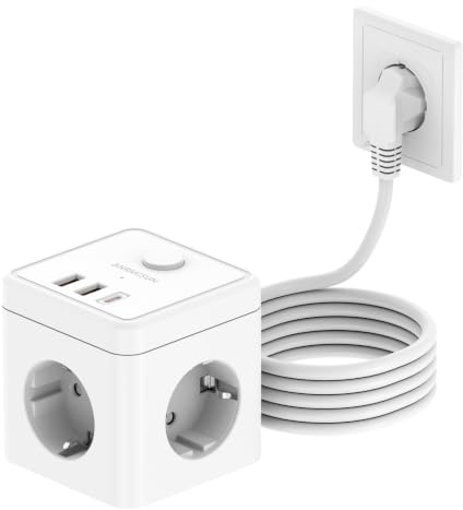 6 in 1 Steckdosenwürfel mit USB C PD 20W Schnellladen & Schalter, Weiß | 3 Fach Mehrfachsteckdose mit 2 USB A & 1 USB C, Steckdosenwürfel mit überspannungsschutz, Ideal für Büro, Zuhause & Reise, 2M