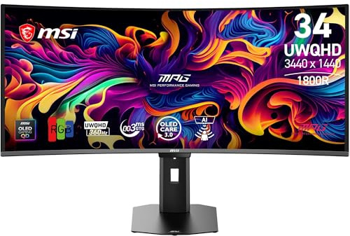 MSI MPG 341CQR QD-OLED X36 – Monitor Gaming 34” UWQHD (3440x1440, 1800R), 5ª gen QD-OLED, 360Hz, 0,03ms, HDR Customization, Adaptive-Sync, KVM, HDMI 2.1, DP 2.1, USB-C (98W PD), AI Vision, colore Nero