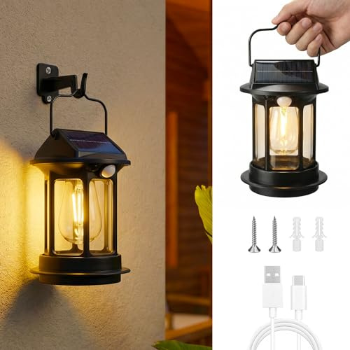 Camping Lights Battery and Solar Operated, LED Camping Light with Motion Sensor, Waterproof Garden Ornaments Outdoor Light, USB Powered Hanging Lights with Handle for Yard, Pathway, Patio, Garage