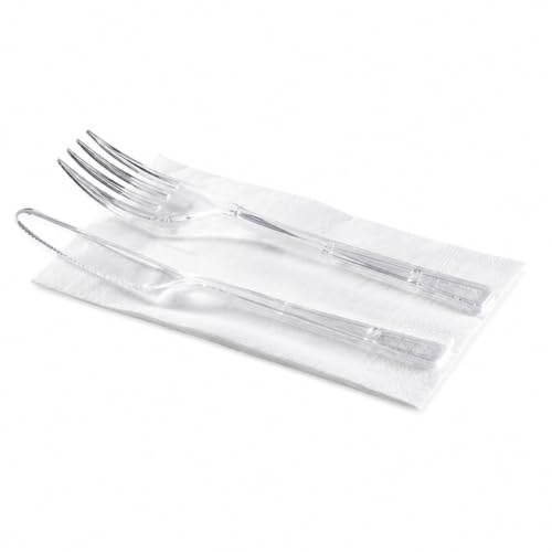 Kit Bis Posate Trasparenti Riutilizzabili, Forchetta e Coltello con Tovagliolo Monouso, Set Posate per Catering, Eventi, Ristoranti, Feste e Asporto 500 Pz