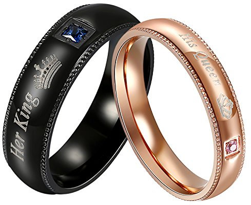JewelryWe Schmuck 1 Paar Ringe Edelstahl Pärchen Ring mit Her King His Queen Zirkonia Freundschaftsringe Eheringe Trauringe Verlobungsringe für Damen Herren Rosegold Schwarz