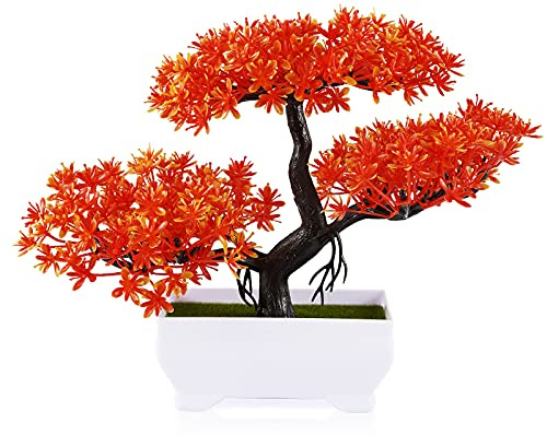 Frjjthchy Mini Artificial Bonsai Tree Plants with Plastic Cement Pots for Home Office Décor (Orange)