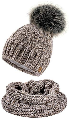 4sold Damen Strick-Mütze Gefüttert mit Faux Fell-Bommel Set Mütze & Schal Alpaka Wolle Bommelmütze Kiesel Bommel Pompon - Set Beige